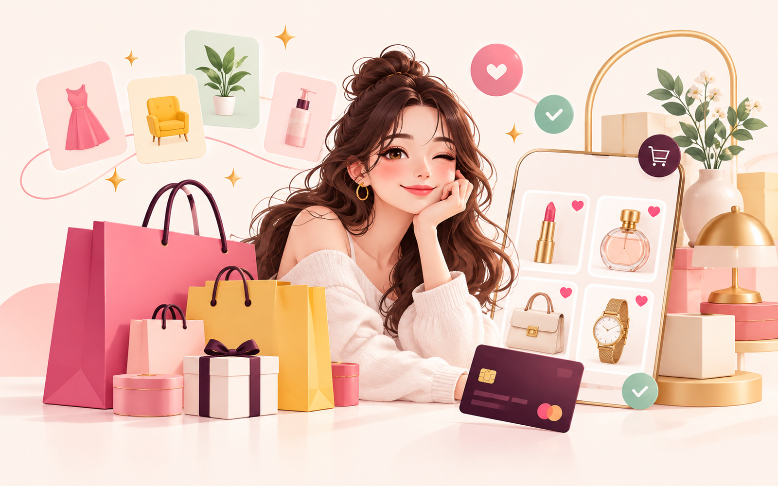 꼼지가 쇼핑·블로그 공식 주소를 하나씩 골라 바구니에 담는 모습을 그린 그림